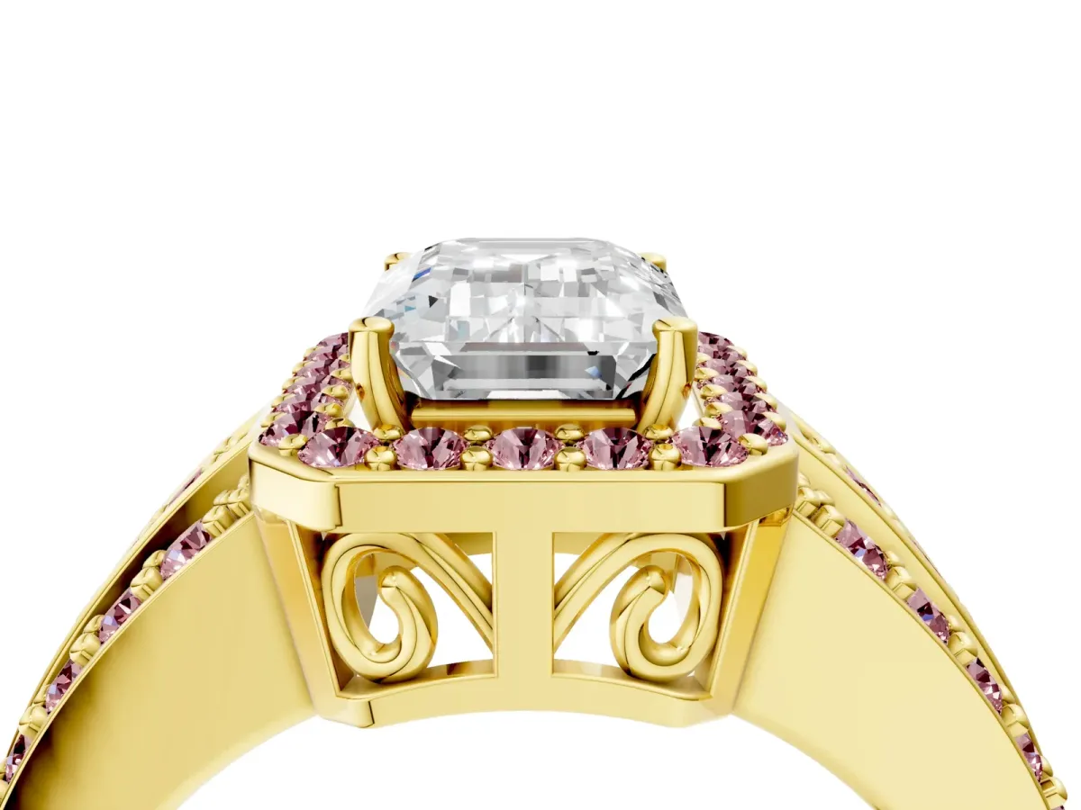 Emerald Cut Halo Diamond Ring with Round Morganite Split Shank and Prong Setting Yellow gold