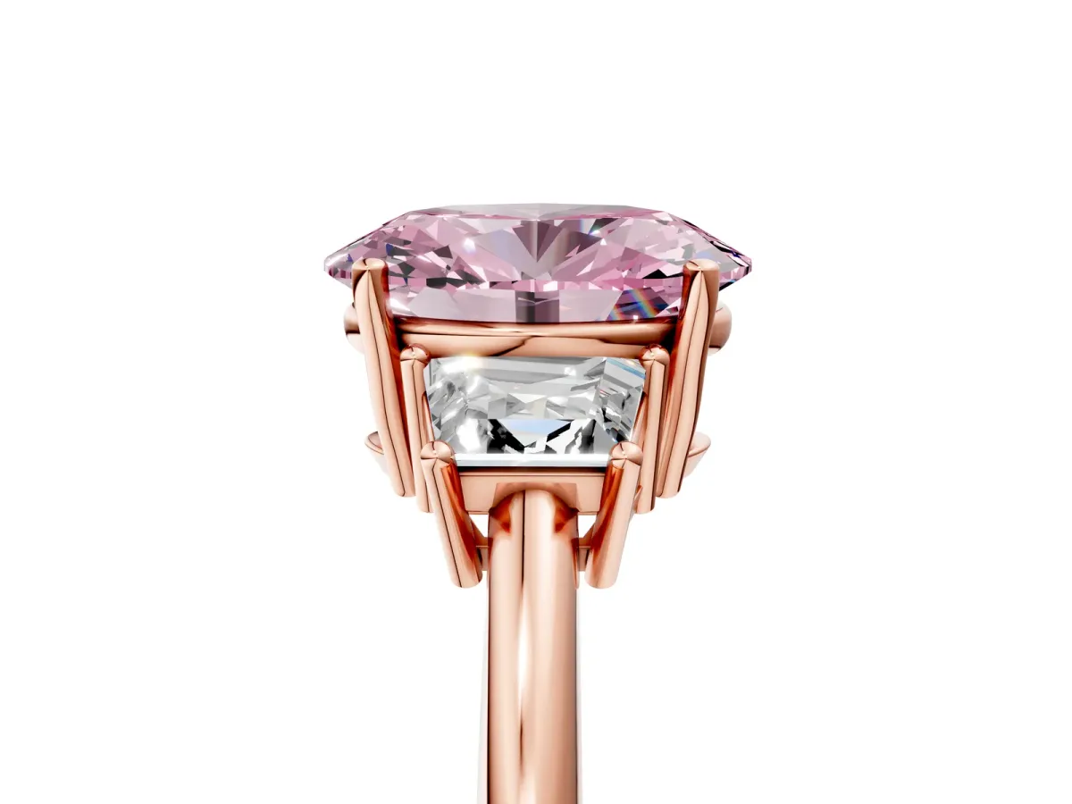 Fancy Pink Oval Cut Diamond Three-Stone Ring with Trapezoid Side Stones and Prong Setting Rose gold