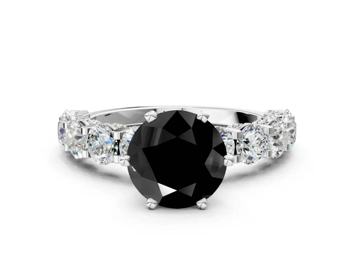 Fancy Black Round Cut Diamond Side Stone Engagement Ring with Four-Prong Setting Silver