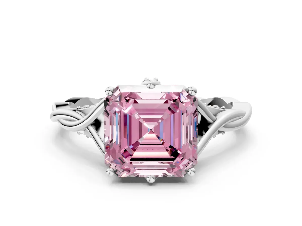 Fancy Pink Asscher Cut Solitaire Twist Band Six-Prong Setting Platinum