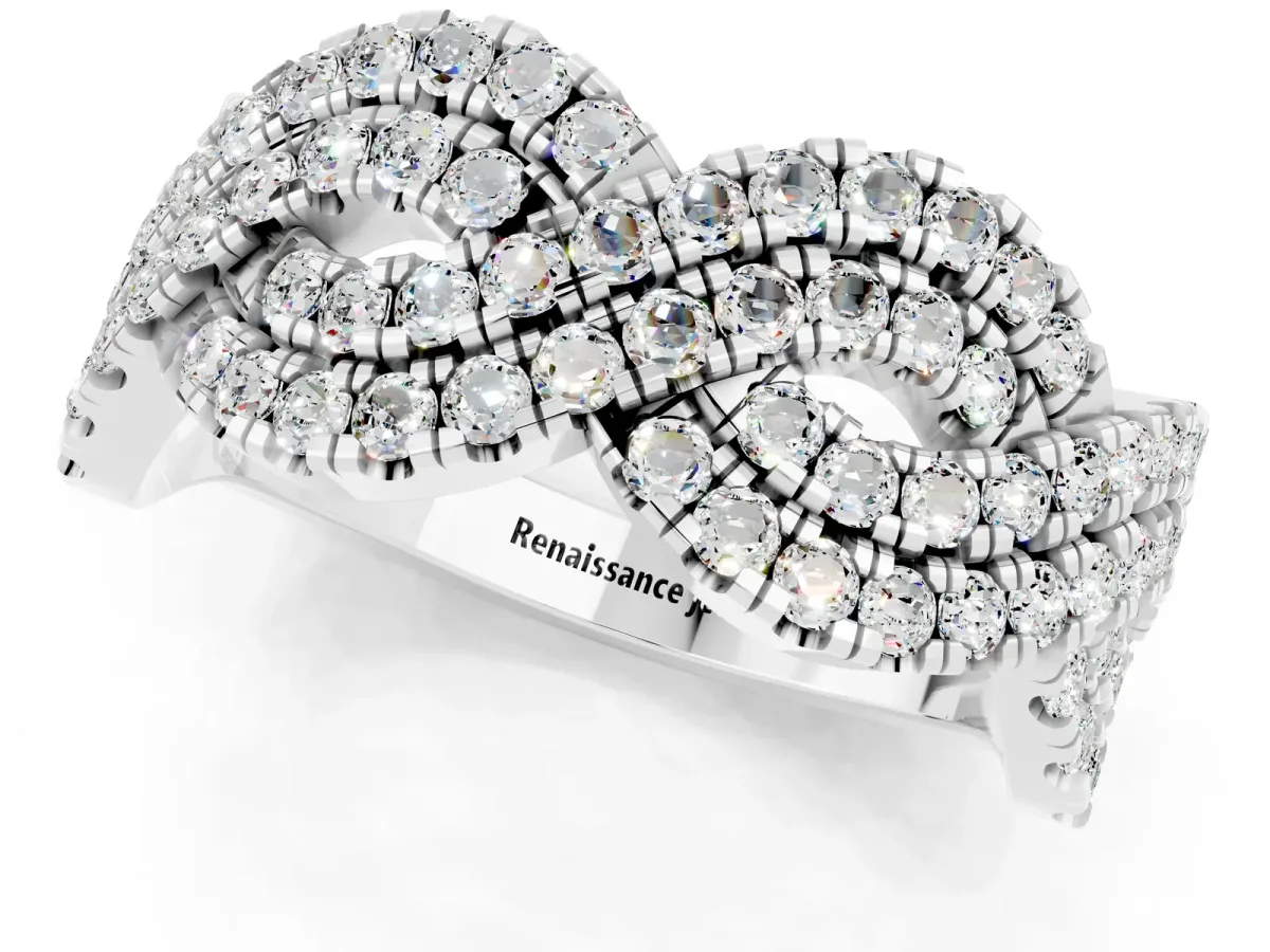 Pavé Round Moissanite Infinity Twist Band with Shared Prong Setting Silver