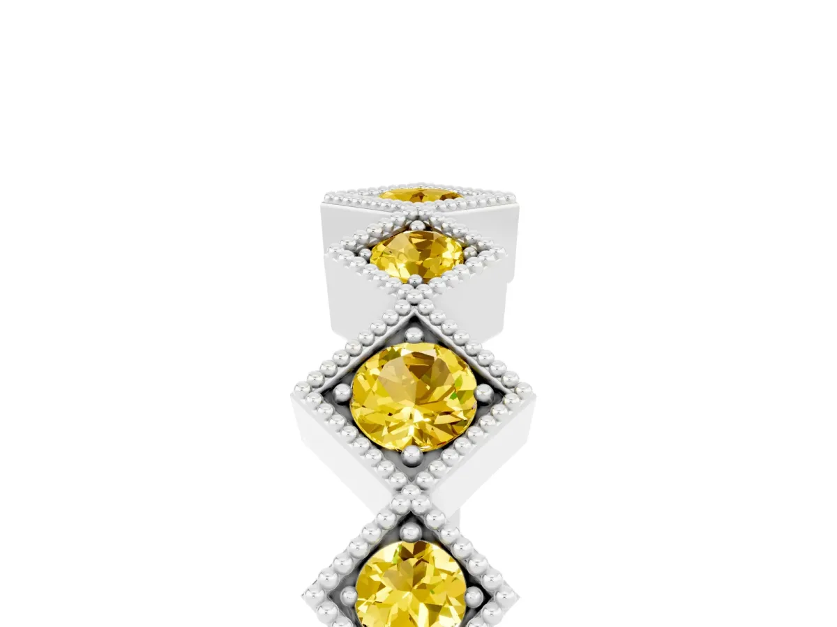 Milgrain Square Bezel Round Yellow Sapphire Chevron Band Silver