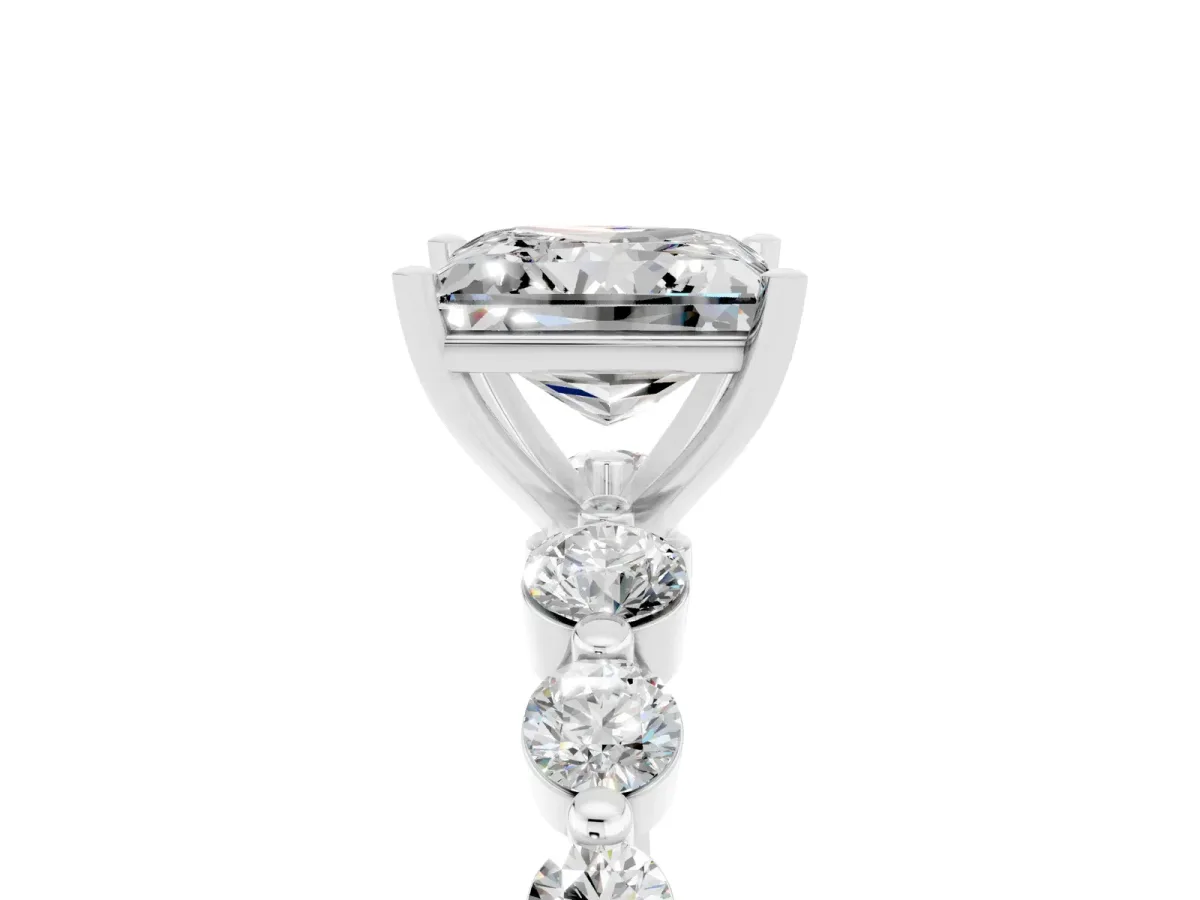 Princess Cut Solitaire Moissanite Ring with Pave Band and Four-Prong Setting Silver