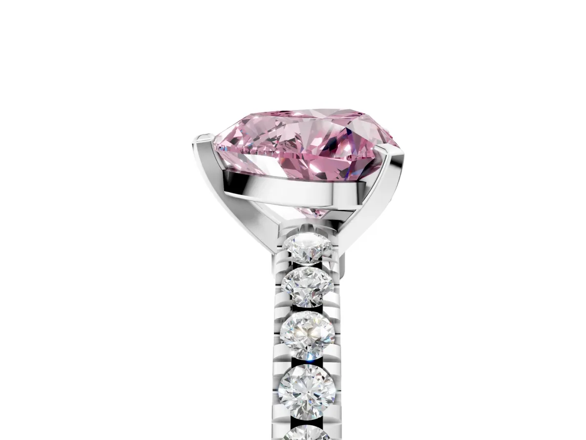 Fancy Pink Heart Cut Solitaire Diamond with Pavé Band and Four-Prong Setting Silver