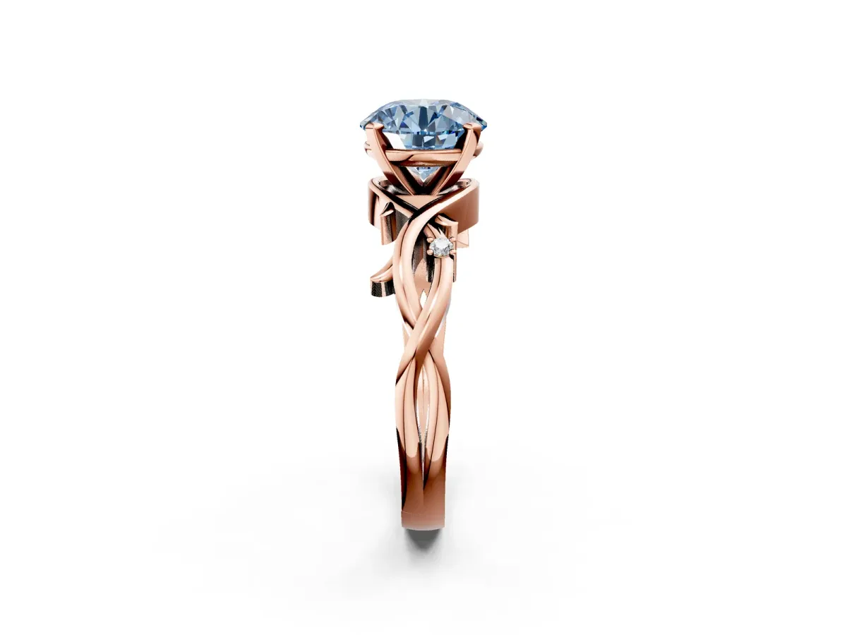 Fancy Blue Round Cut Diamond Solitaire Ring with Twisted Band and Prong Setting Rose gold