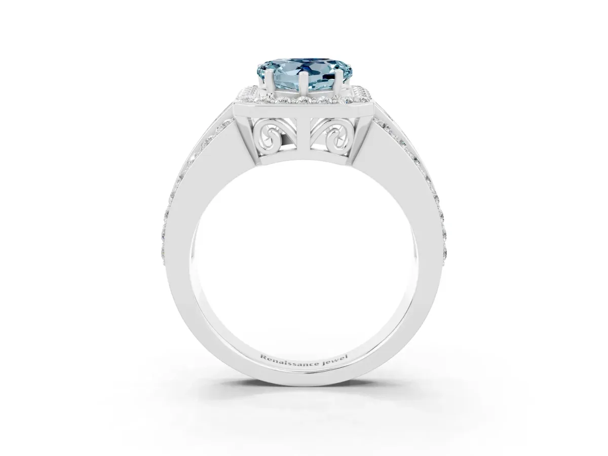Heart Cut Halo Aquamarine Ring with Round Split Shank and Prong Setting Silver