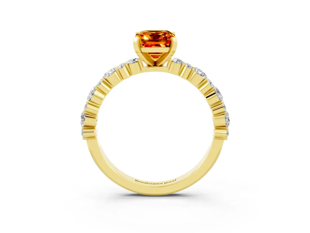 Emerald Cut Citrine Side Stone Solitaire Ring with Round and Four-Prong Setting Yellow gold