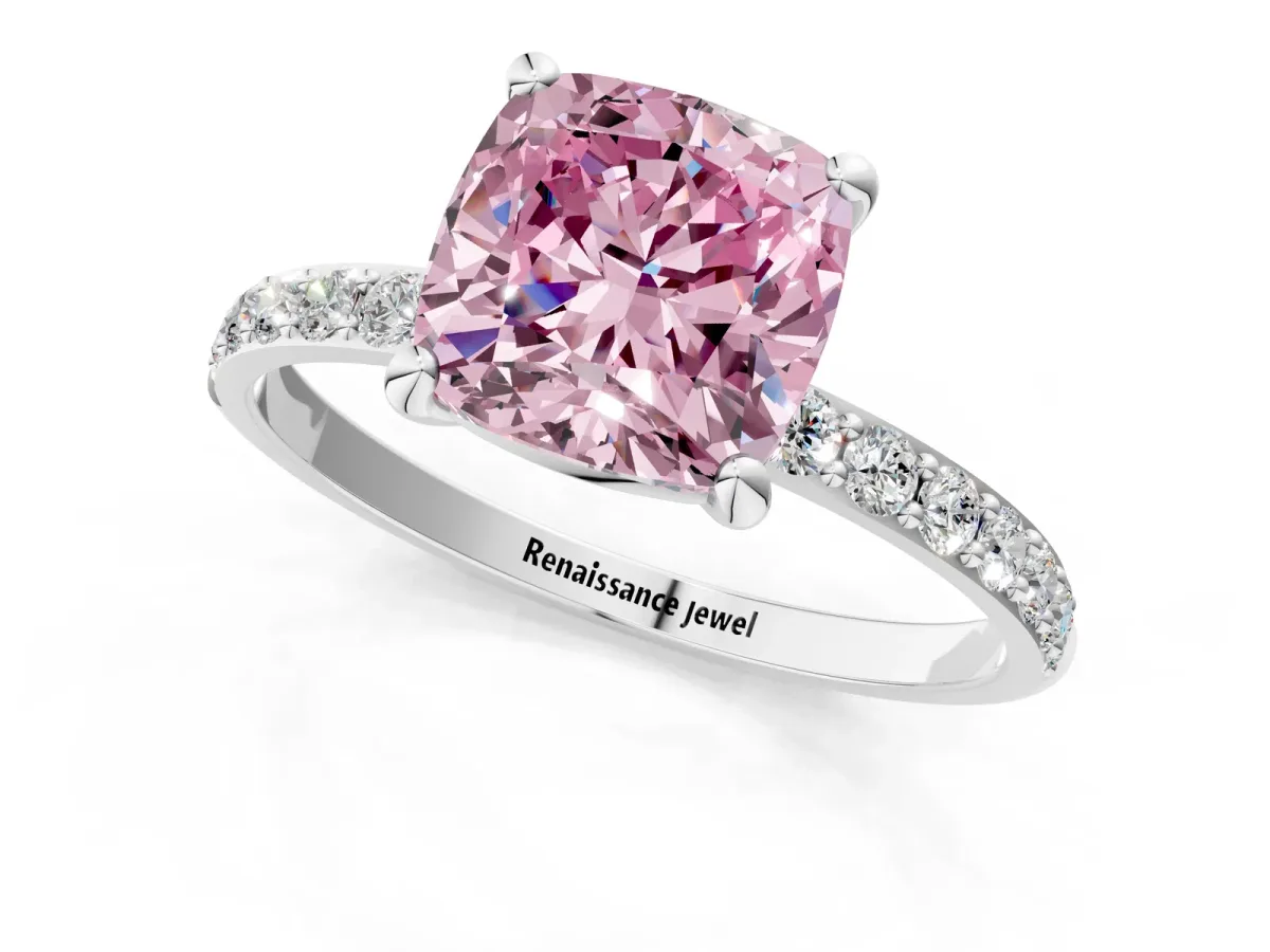 Fancy Pink Cushion Cut Diamond Solitaire Ring with Round Pavé Band and Prong Setting Silver