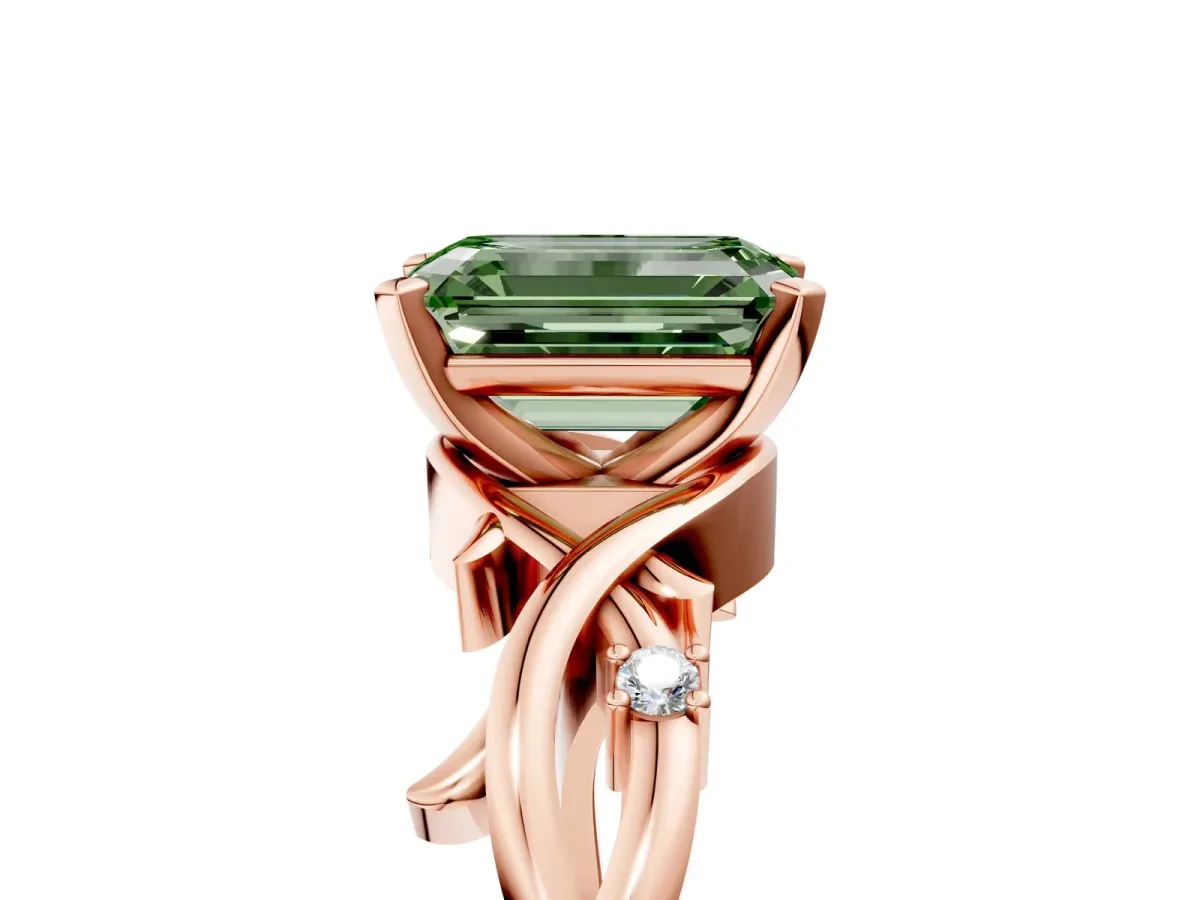 Fancy Green Emerald Cut Diamond Solitaire Ring with Twisted Band and Prong Setting Rose gold