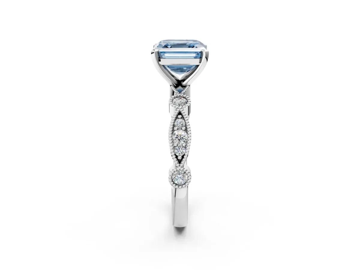 Fancy Blue Asscher Cut Milgrain Bezel Diamond Engagement Ring with Solitaire Prong Setting Platinum
