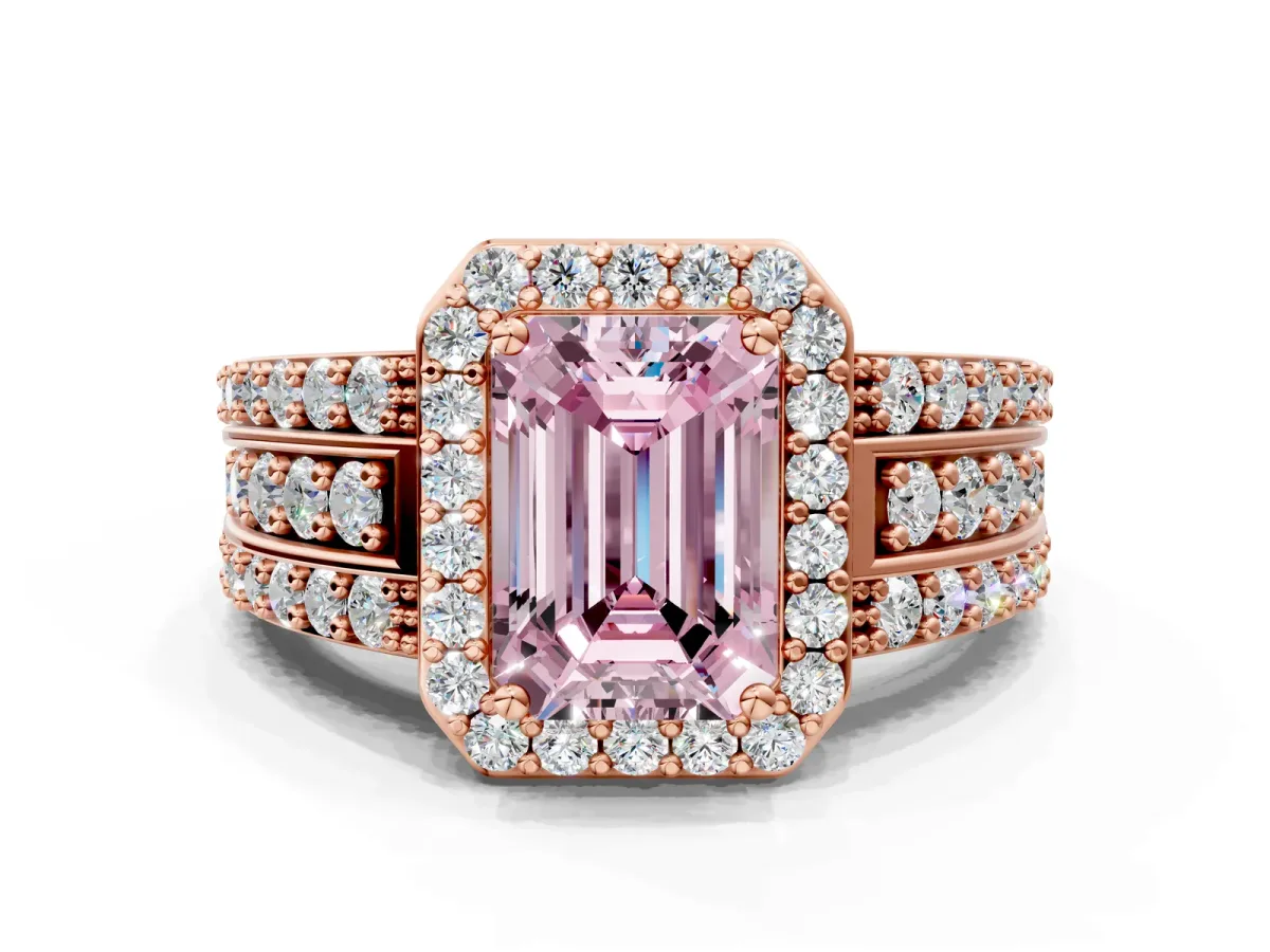 Fancy Pink Emerald Cut Halo Diamond Ring with Round Split Shank and Prong Setting Rose gold