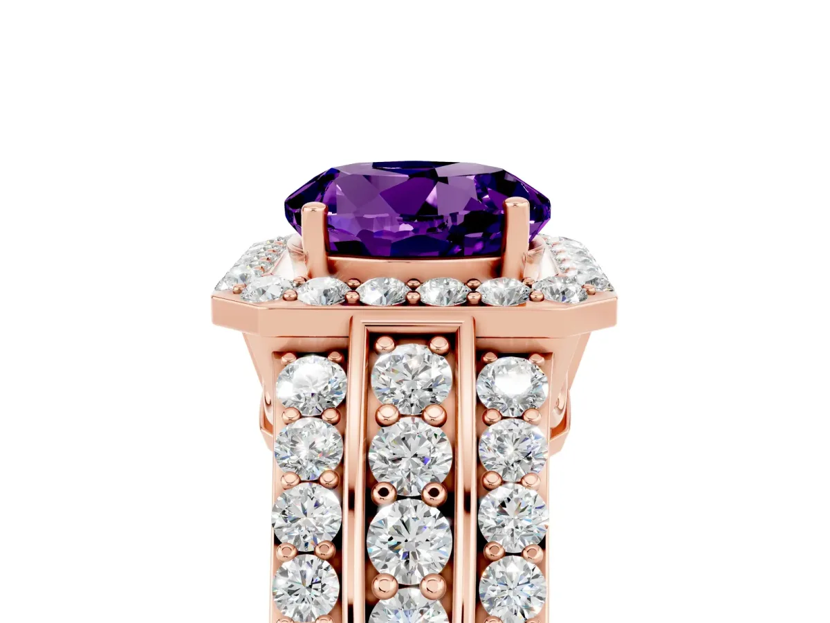 Round Cut Halo Amethyst Ring with Round Split Shank and Prong Setting Rose gold