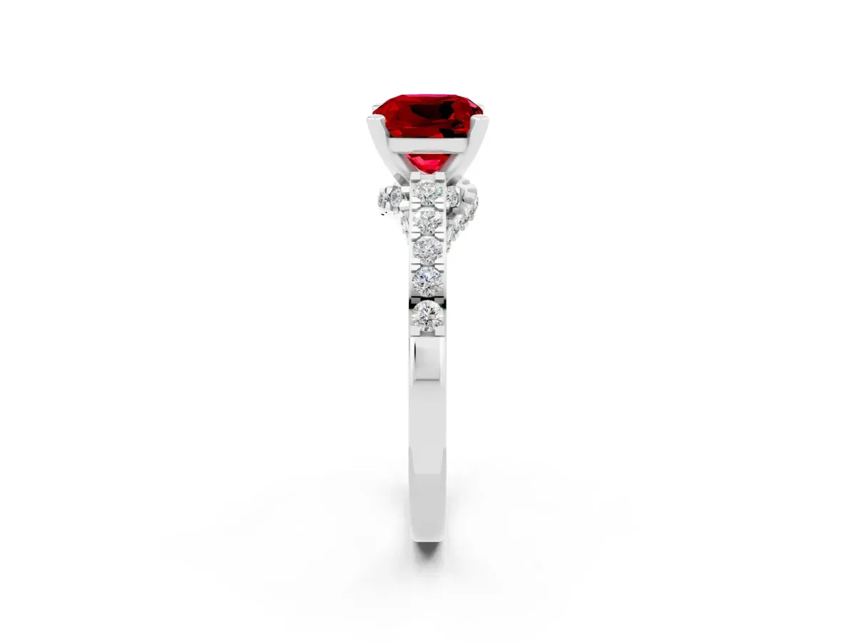 Cushion Cut Ruby Solitaire Ring with Crossover Gallery and Round Pavé Band Silver