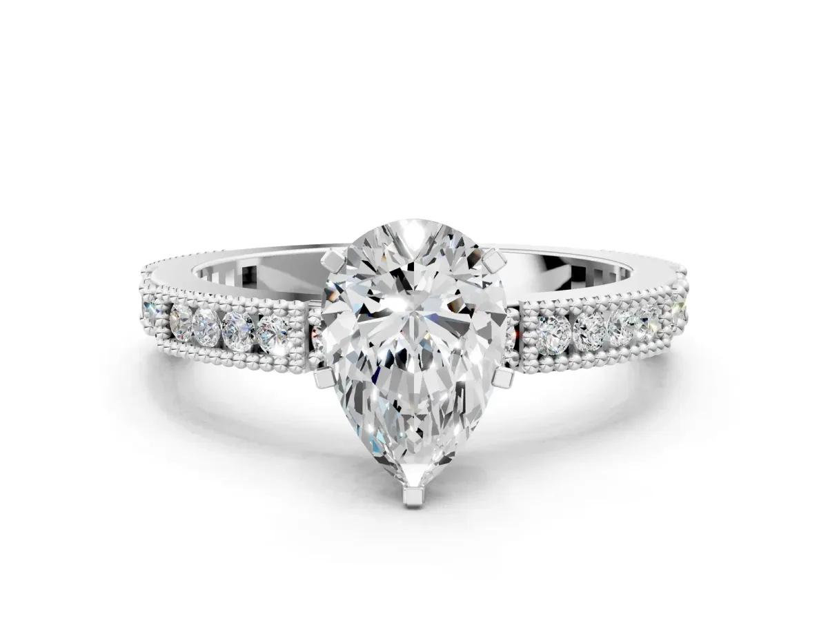 Pear Cut Solitaire with Pavé Band and Four-Prong Setting Silver