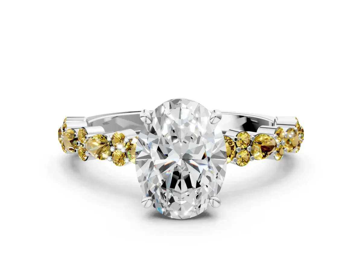 Oval Cut Diamond Side Stone Solitaire Ring with Round Yellow Sapphire and Four-Prong Setting Silver