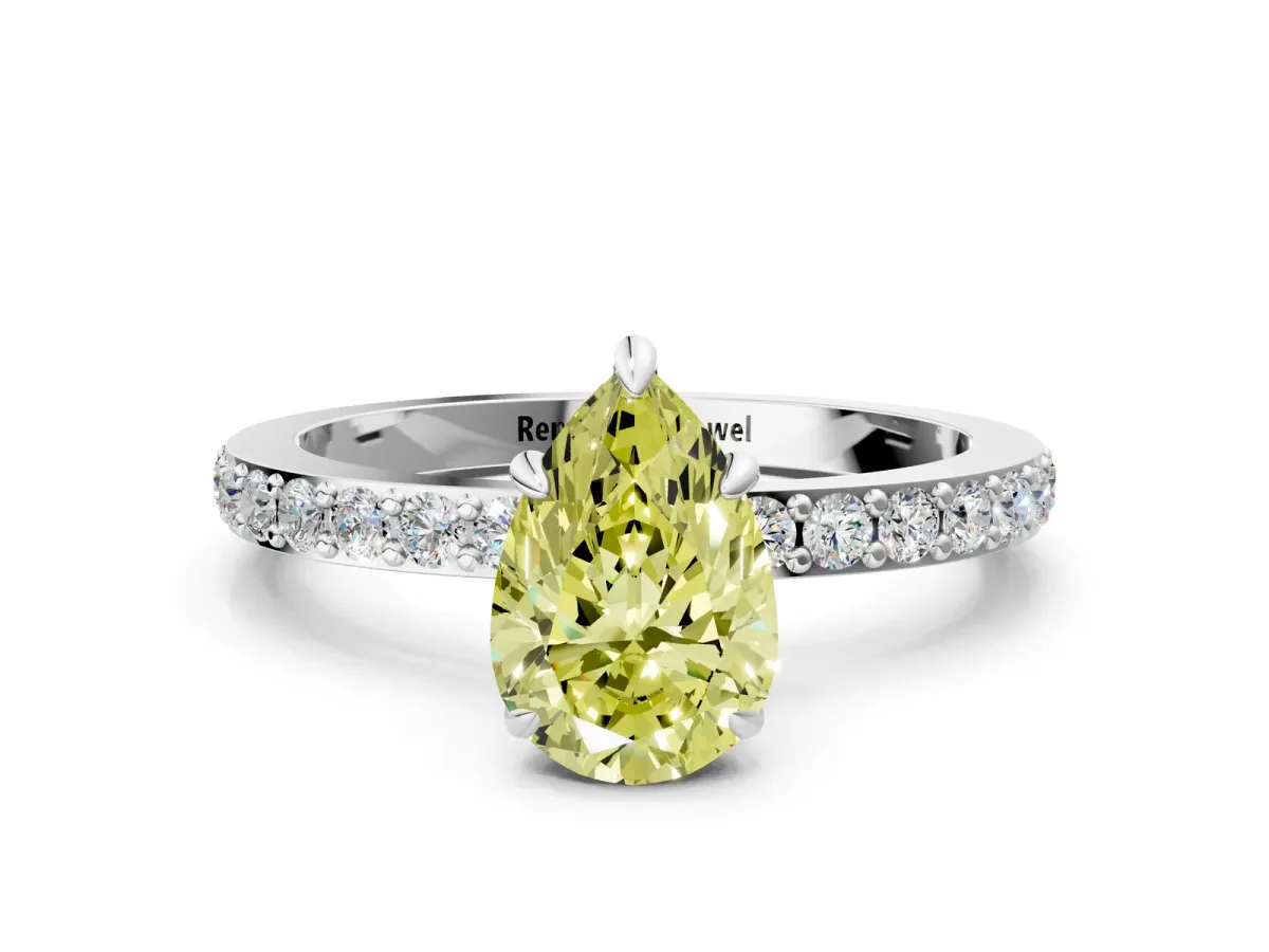 Fancy Yellow Pear Cut Diamond Solitaire Engagement Ring with Pavé Band and Four-Prong Setting Silver