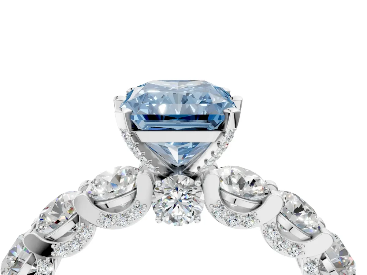 Fancy Blue Radiant Cut Diamond Side Stone Engagement Ring with Four-Prong Setting Silver