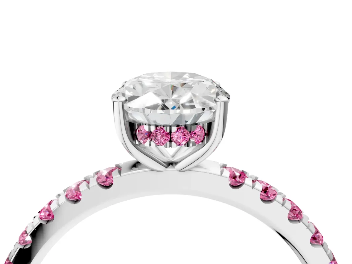 Oval Cut Diamond Pave Band Solitaire Ring with Round Pink Sapphire and Prong Setting Silver