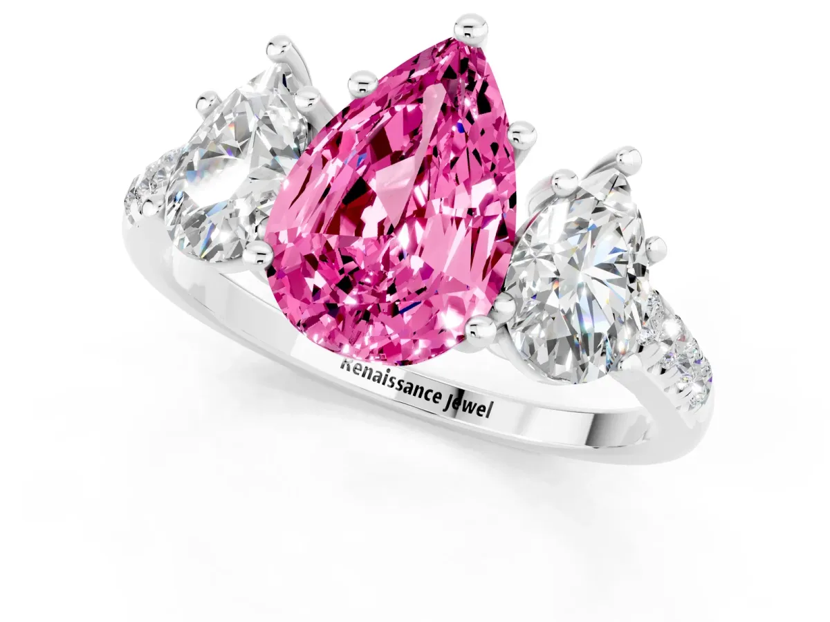 Three-Stone Pear Cut Pink Sapphire Ring with Round Pavé Band and Prong Setting Silver