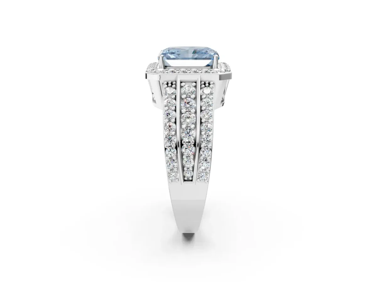 Fancy Blue Radiant Cut Halo Diamond Ring with Round Split Shank and Prong Setting Silver