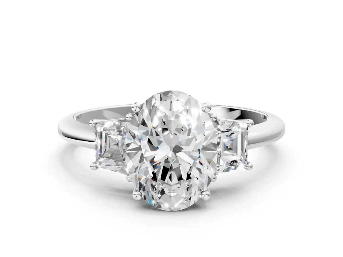 Oval Cut Diamond Three-Stone Ring with Trapezoid Side Stones and Prong Setting Platinum
