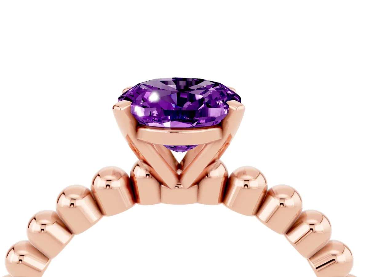 Oval Cut Amethyst Solitaire Ring with Beaded Band and Prong Setting Rose gold