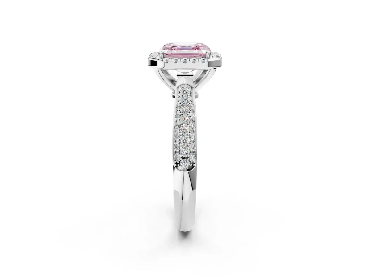 Fancy Pink Asscher Cut Halo Diamond Ring with Pavé Band Platinum