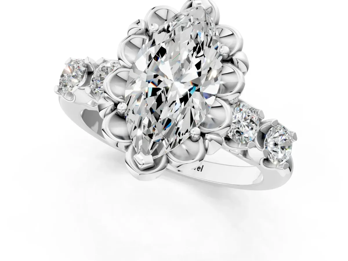 Marquise Cut Cut Diamond Floral Halo Engagement Ring with Shared Prong Setting Silver
