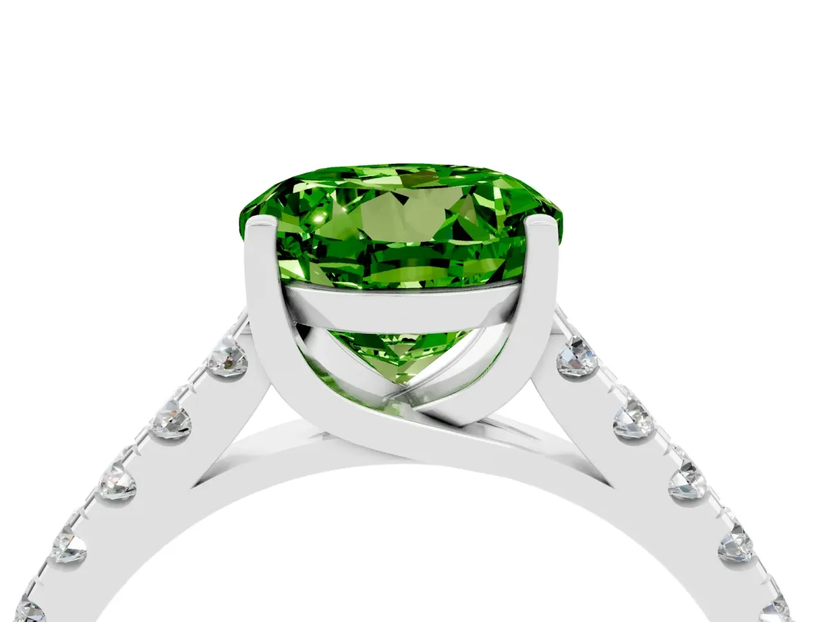 Round Cut Peridot Pavé Band Solitaire Ring with Prong Setting White gold