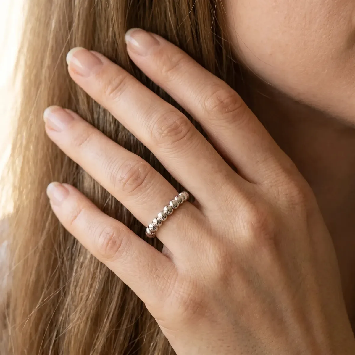 Beaded Round Stone Eternity Band with Bezel Setting Silver
