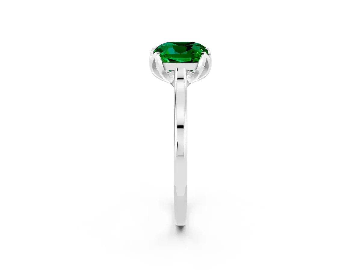 Cushion Cut Emerald Solitaire Ring with Flower Prong Setting and Classic Band White gold