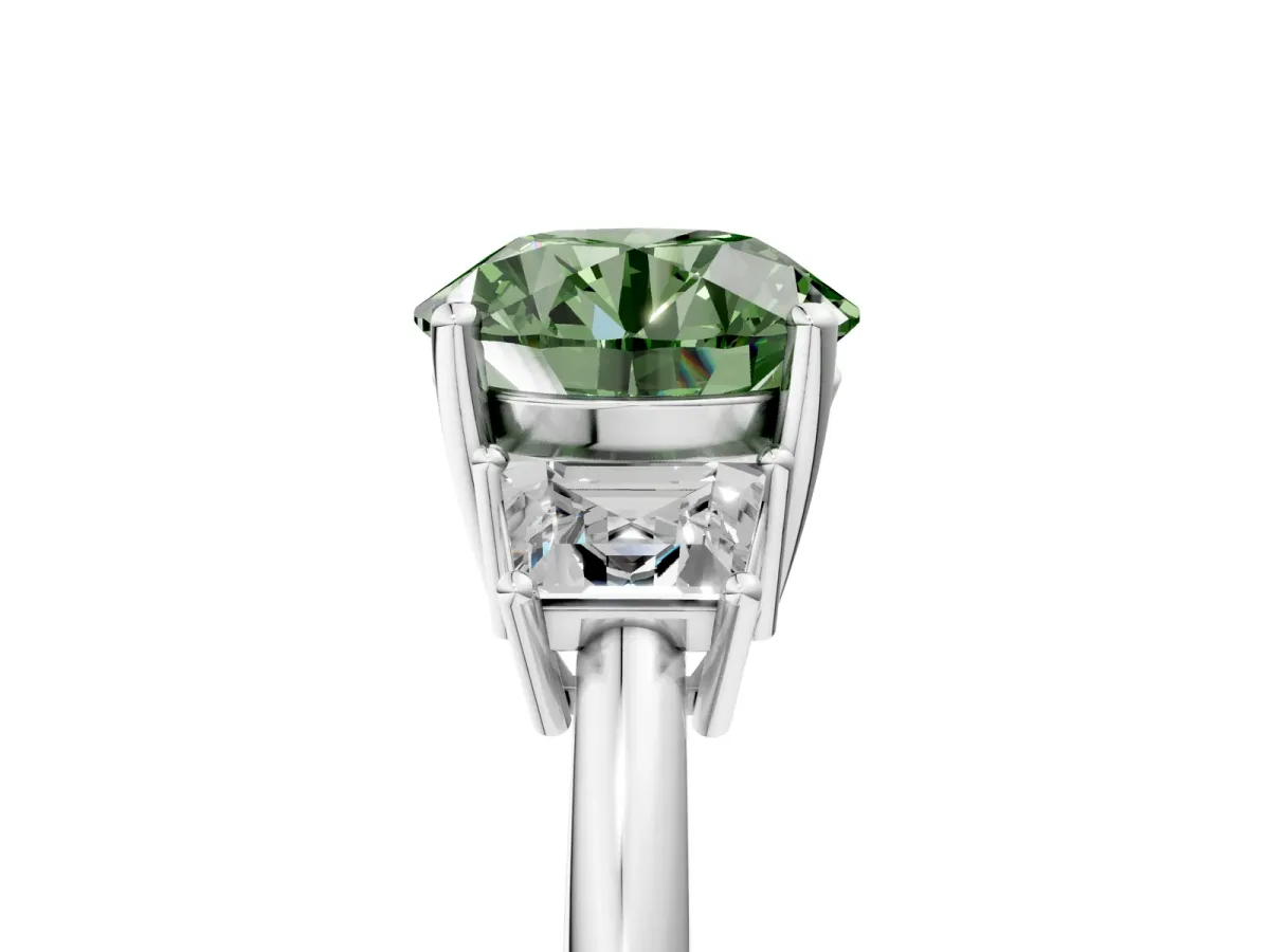Fancy Green Round Cut Diamond Three-Stone Ring with Trapezoid Side Stones and Prong Setting Silver