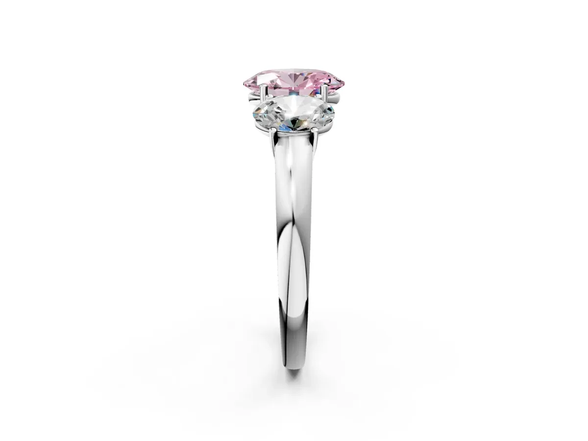 Fancy Pink Oval Cut Diamond Three-Stone Ring with Four-Prong Setting and Classic Band White gold