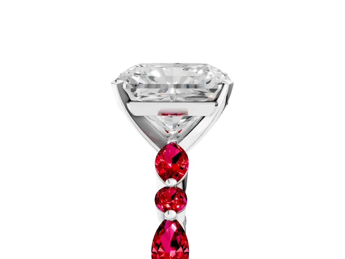 Radiant Cut Diamond Ring with Marquise and Round Ruby Side Stones and Four-Prong Setting Silver
