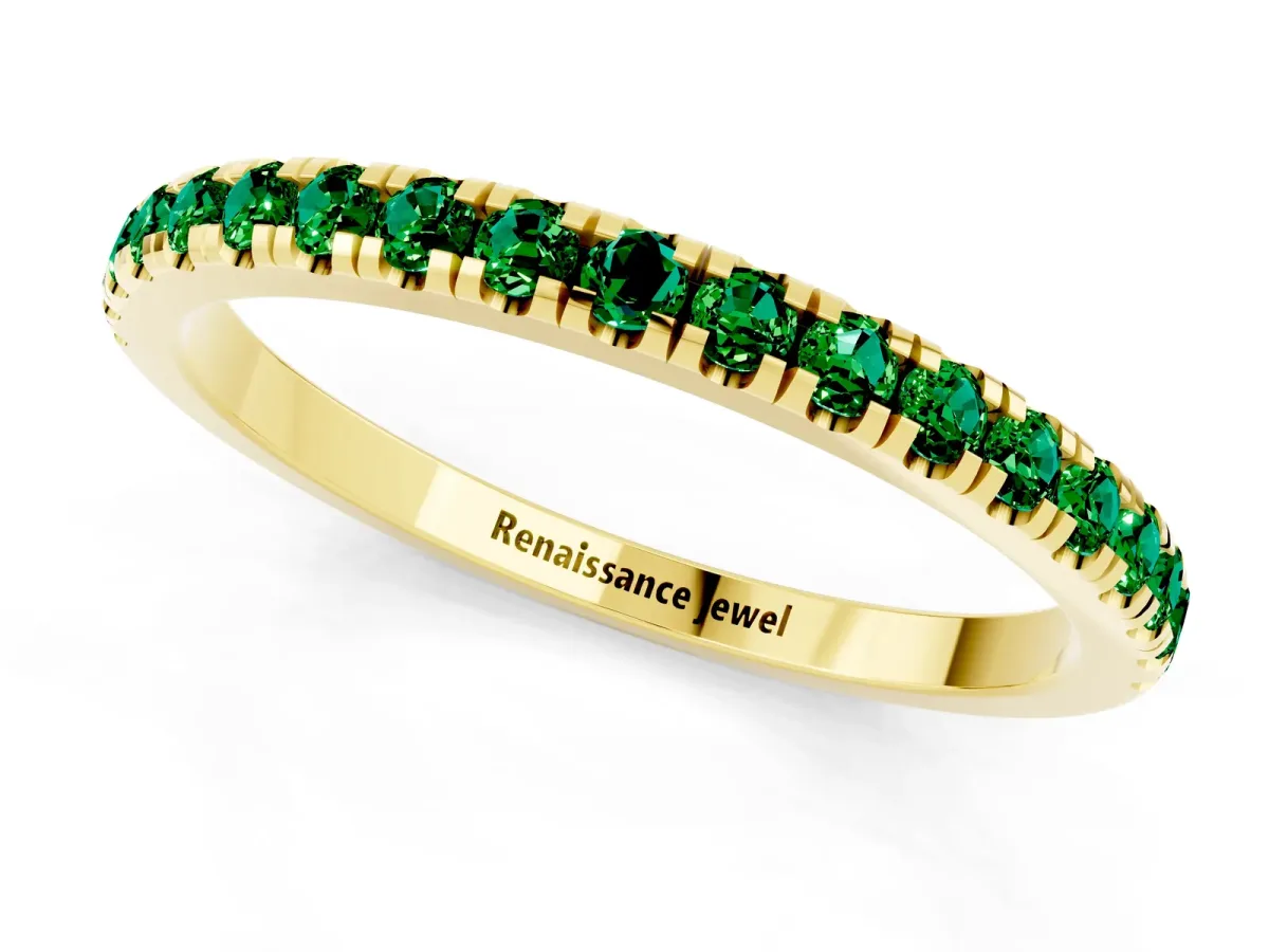 Pavé Round Emerald Half Eternity Band with Shared Prong Setting Yellow gold