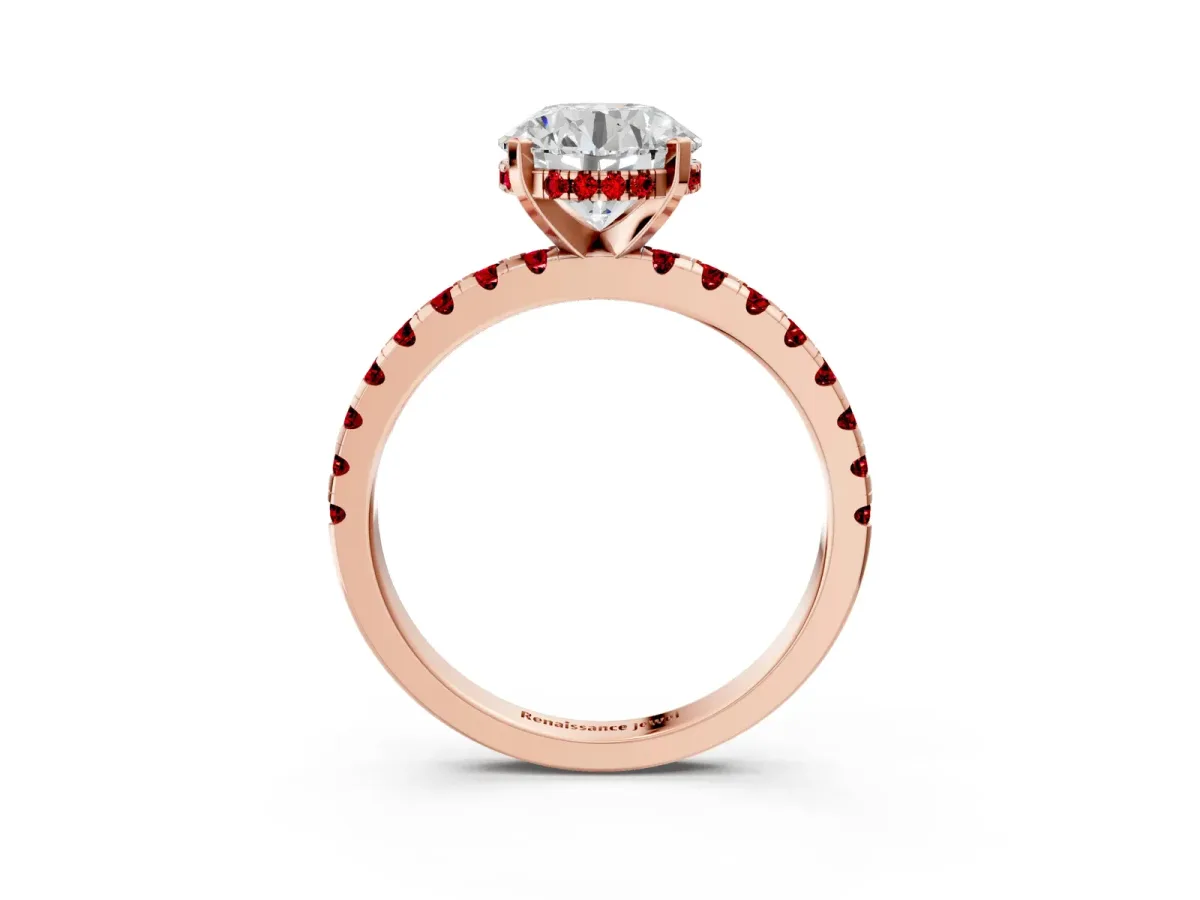 Round Cut Diamond Solitaire Ring with Round Ruby Pavé Band and Four-Prong Setting Rose gold