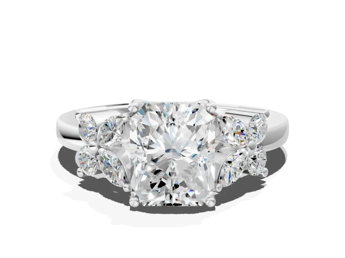 Radiant Cut Diamond Floral Cluster Ring with Solitaire Band and Prong Setting Platinum