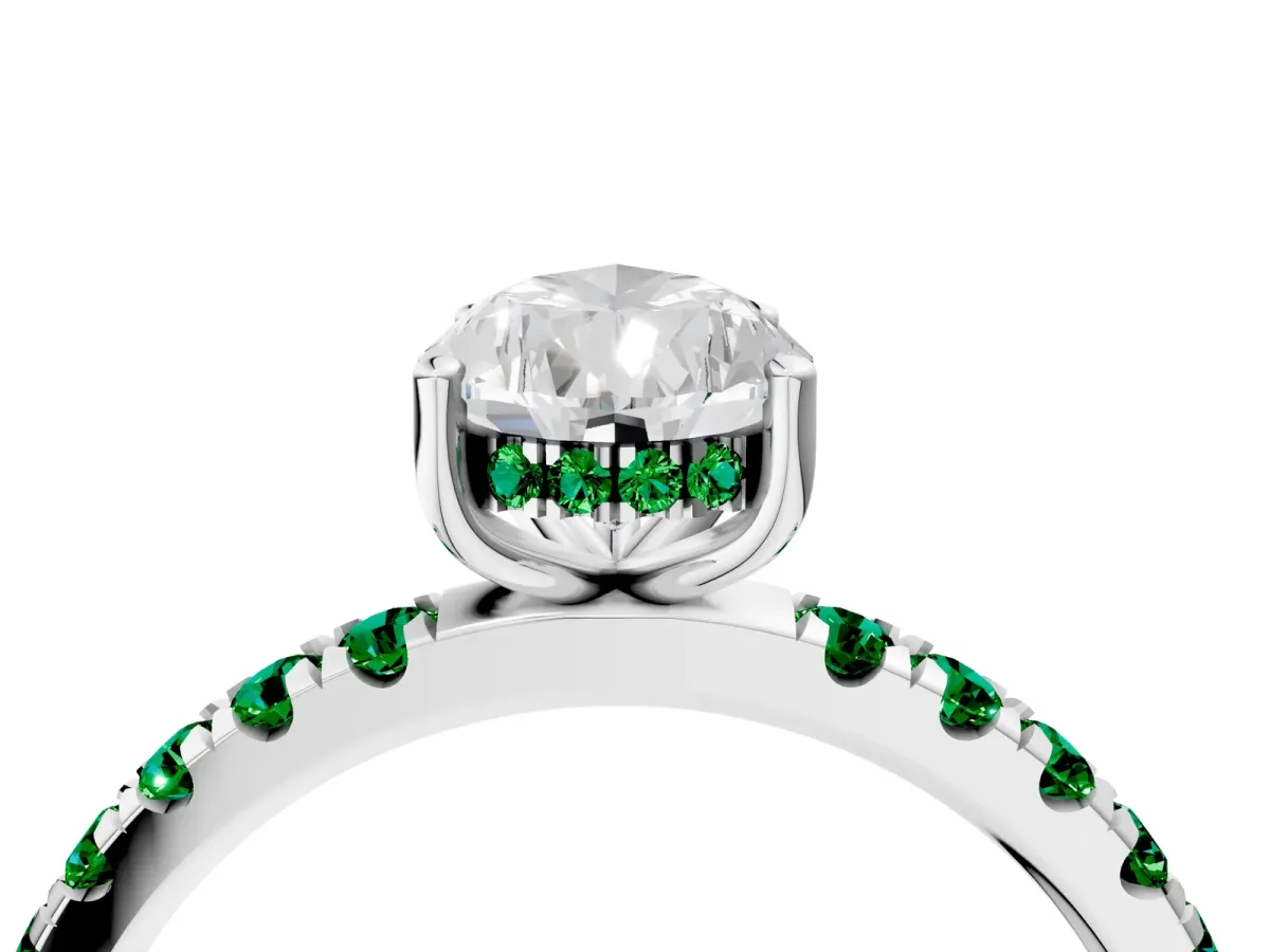 Pear Cut Diamond Pave Band Solitaire Ring with Round Emerald and Prong Setting White gold