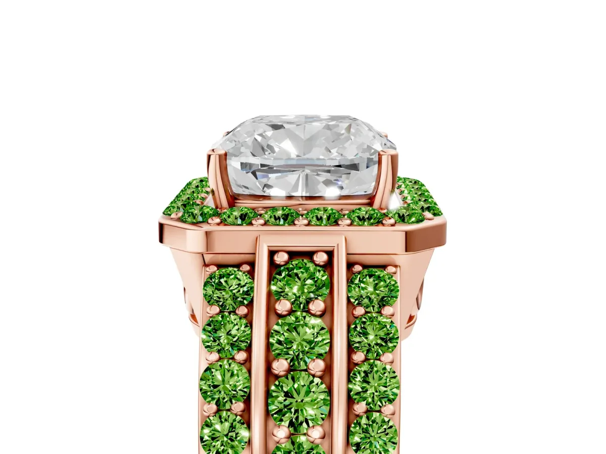 Cushion Cut Halo Diamond Ring with Round Peridot Split Shank and Prong Setting Rose gold
