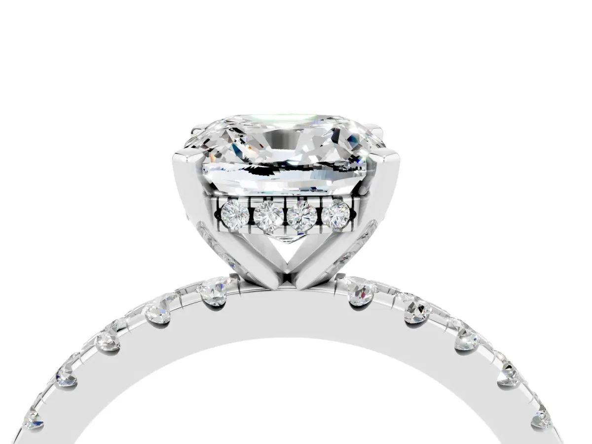 Cushion Cut Moissanite Solitaire Ring with Round Pavé Band and Four-Prong Setting Silver