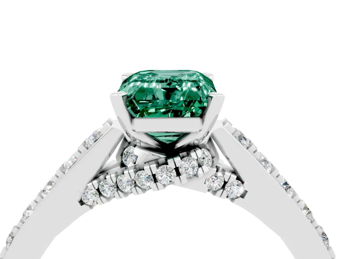 Emerald Cut Green Sapphire Solitaire Ring with Crossover Gallery and Round Pavé Band Silver