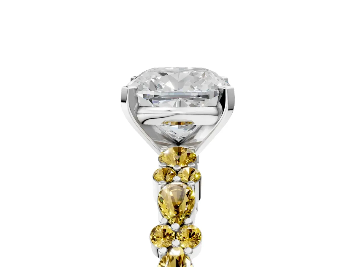 Cushion Cut Diamond Side Stone Solitaire Ring with Round Yellow Sapphire and Four-Prong Setting Silver