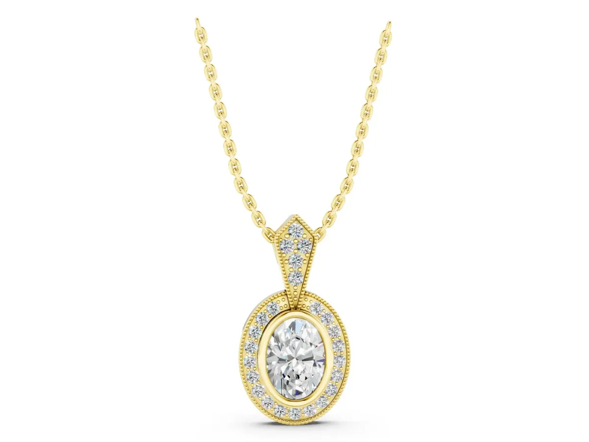 Oval Halo Pavé Diamond Pendant Yellow gold
