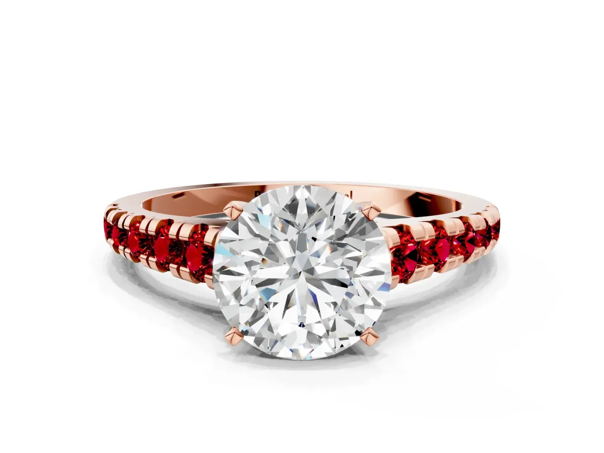 Round Cut Diamond Cathedral Solitaire Ring with Round Ruby Pavé Band Rose gold