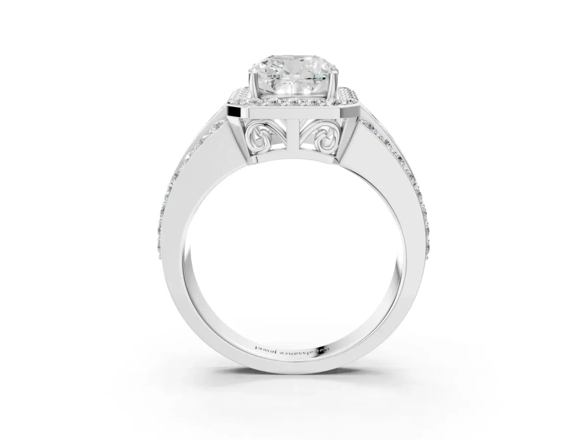 Cushion Cut Halo Diamond Ring with Round Split Shank and Prong Setting Platinum