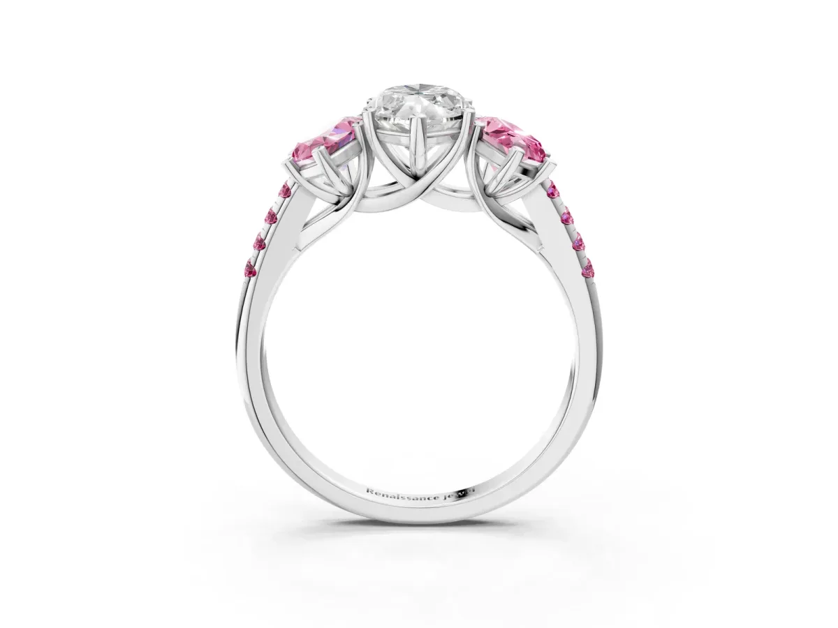 Three-Stone Marquise Cut Diamond Ring with Round Pink Sapphire Pavé Band and Prong Setting Silver