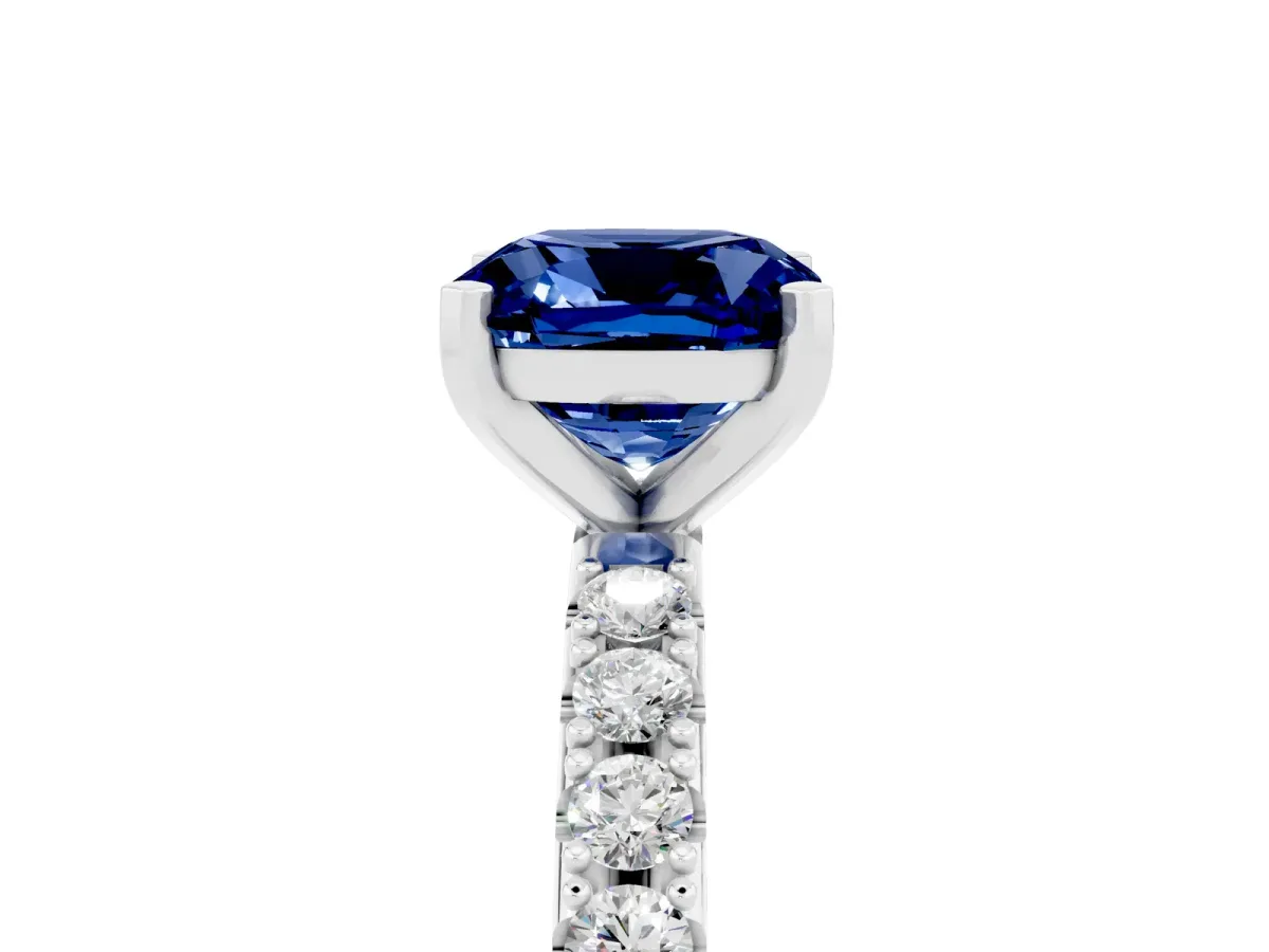 Cushion Cut Blue Sapphire Solitaire Pavé Band with Four-Prong Setting Silver