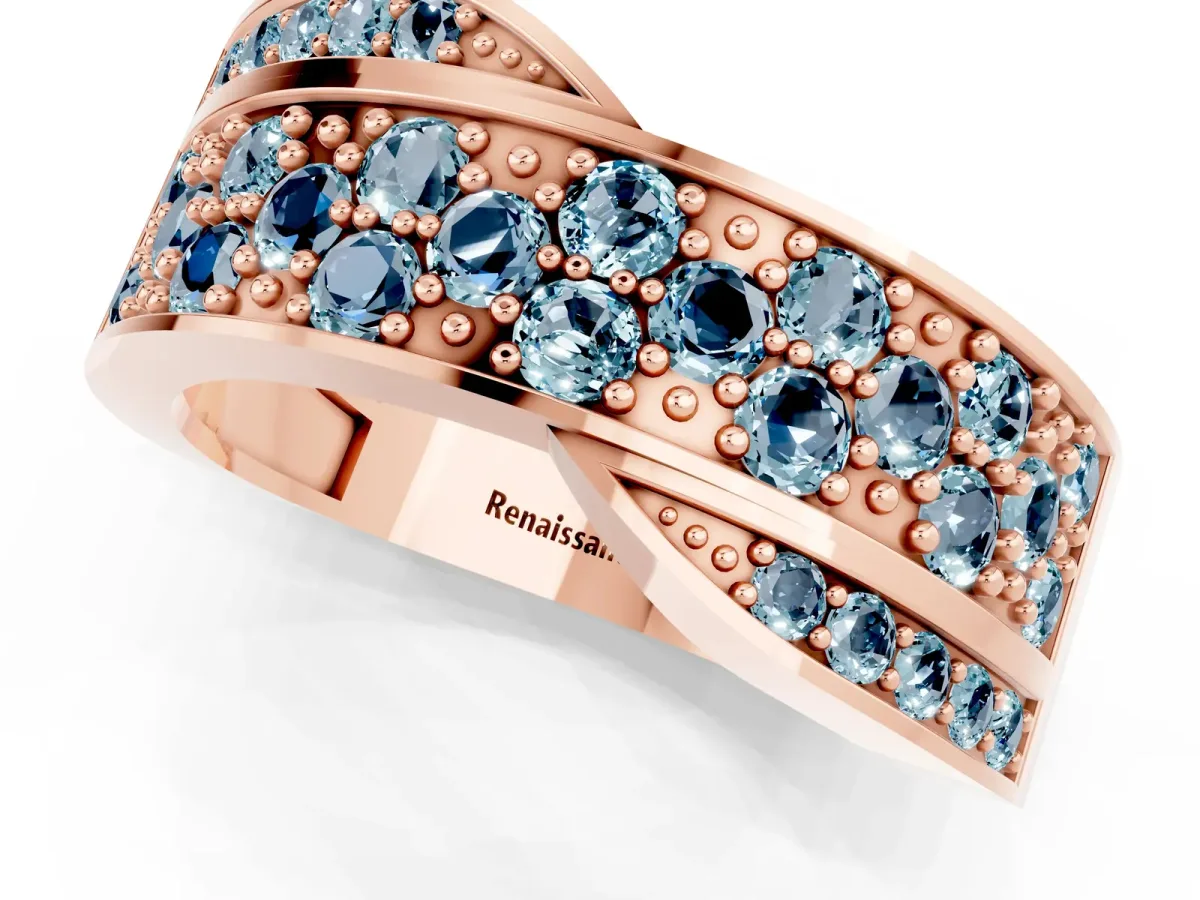 Pavé Round Aquamarine Crossover Band with Bead Prong Setting Rose gold