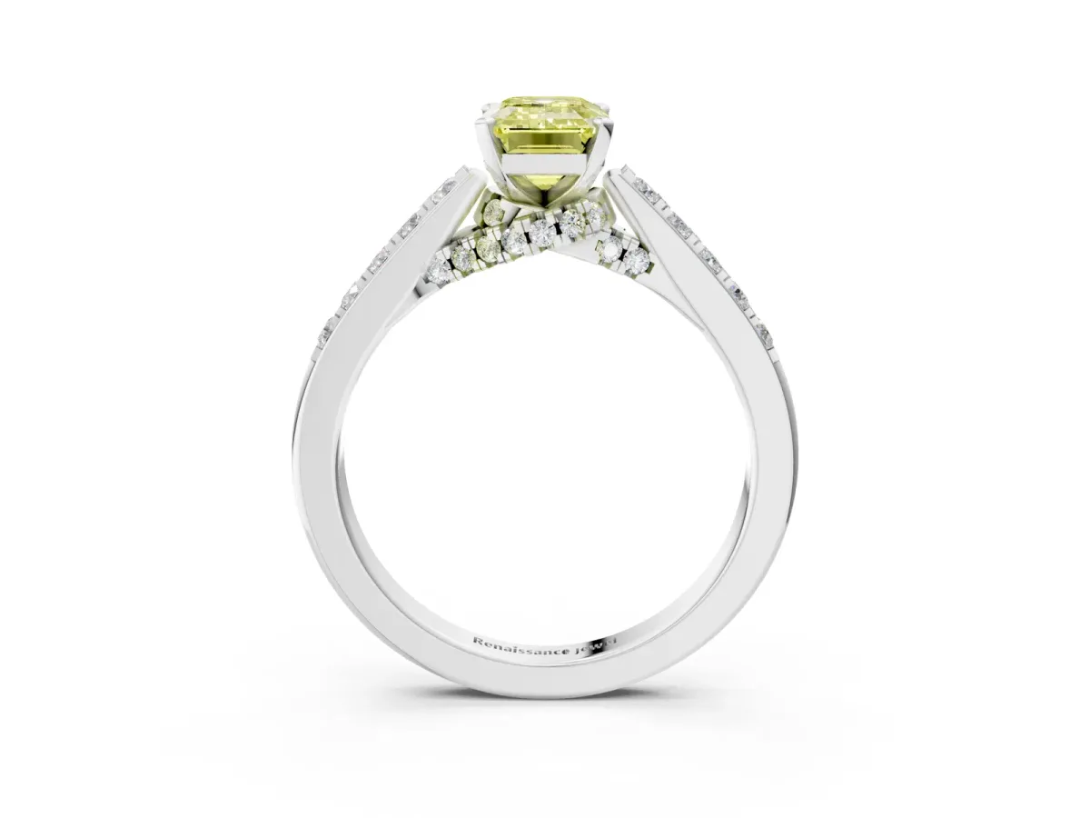 Fancy Yellow Emerald Cut Diamond Solitaire Ring with Crossover Gallery and Round Pavé Band Silver