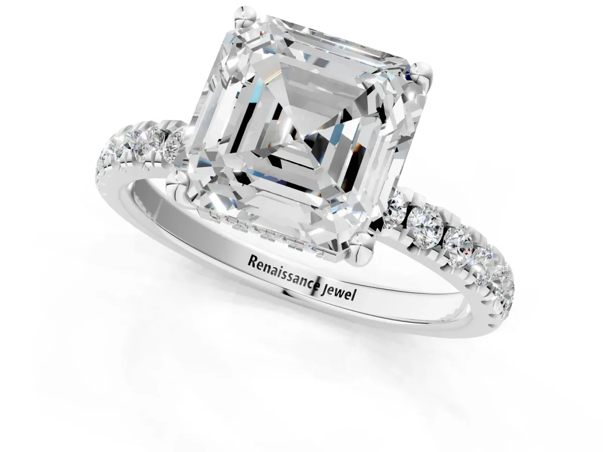 Asscher Cut Diamond Pave Band Solitaire Ring with Round and Prong Setting Platinum
